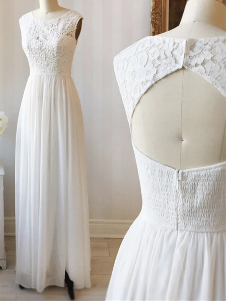 Round Neck Lace Chiffon Long Prom Dresses Formal Evening Bridesmaid Dresses
